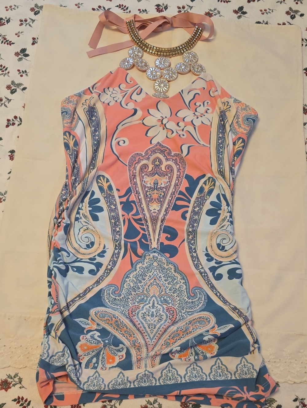 VENUS Coral Pink and Blue Paisley Halter Top
